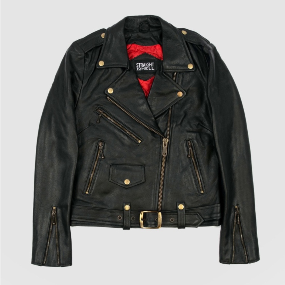 Straight To Hell Commando Black & Brass Leather Moto Jacket NWOT